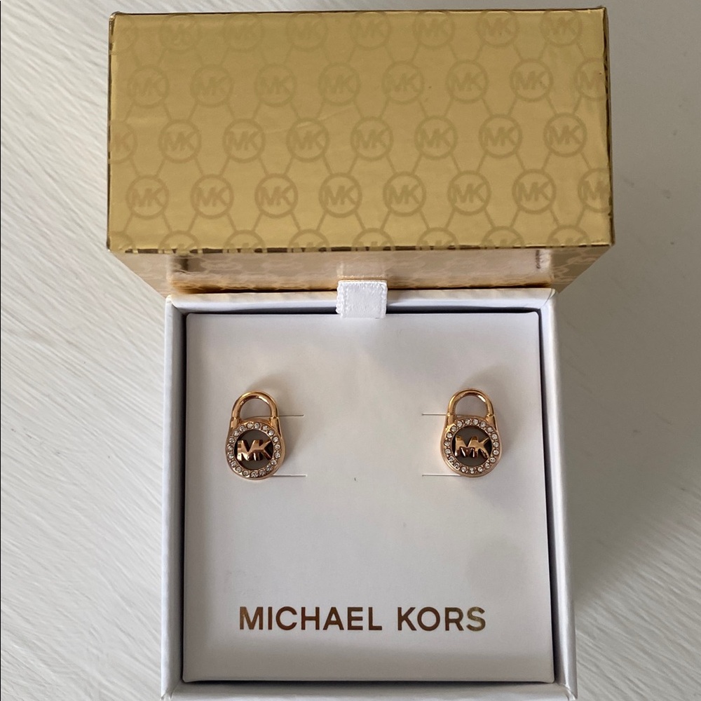 Michael Kors Rose Gold Padlock Logo Crystal Stud Earrings